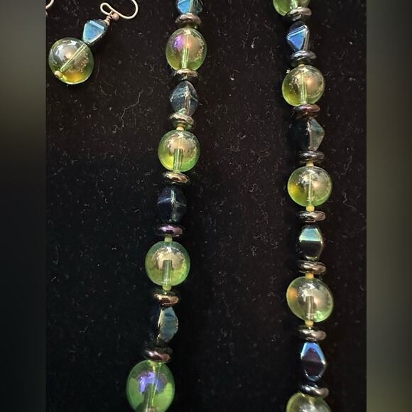 Handcrafted earrings and necklace set blue/yellow/green accents - Picture 5 of 9